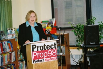 CSBA Region 5 Director Jill Wynns speaking at a news conference with Bay Area parents and educators regarding the local impact of the governor's budget cuts on schools