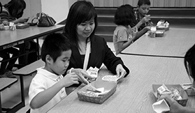 Ann Luc and son Aaron stop for breakfast on the first day of school at Maeloa Beitzel Elementary in the Elk Grove Unified School District, one of 10 districts receiving S.D. Bechtel, Jr. grants to pilot implementation of the Common Core State Standards in math for K-8 students.
