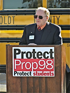 CSBA Region 1 Director Bob Berkowitz speaking at a Eureka press conference to protect funding for our schools